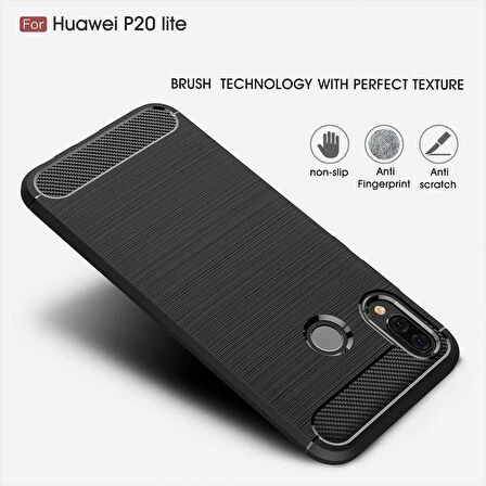 Huawei P20 Lite ile Uyumlu Kamera Korumalı Darbe Önleyici Carbon Brushed Silikon Kılıf