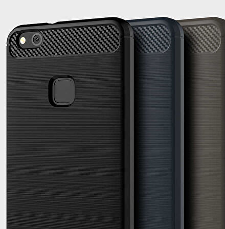 Huawei P10 ile Uyumlu Kamera Korumalı Darbe Önleyici Carbon Brushed Silikon Kılıf