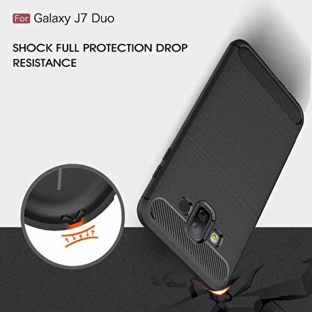 Samsung Galaxy J7 Duo ile Uyumlu Kamera Korumalı Darbe Önleyici Carbon Brushed Silikon Kılıf