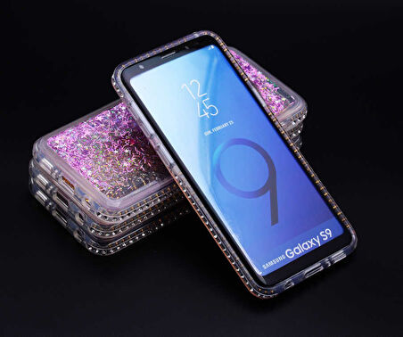 Samsung Galaxy S9 Uyumlu Yanları Taşlı Sulu Simli Lüx Silikon Kılıf