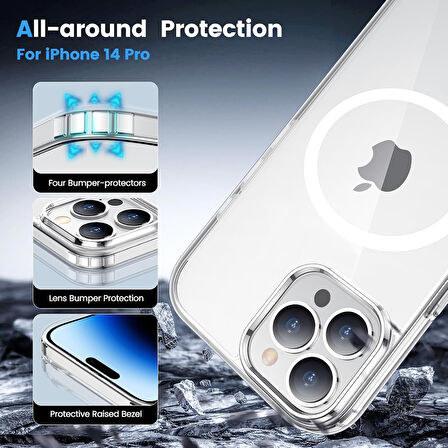 iPhone 14 Pro Uyumlu Köşe Korumalı Darbe Emici Sert Sararmaz Şeffaf Magsafe Kılıf