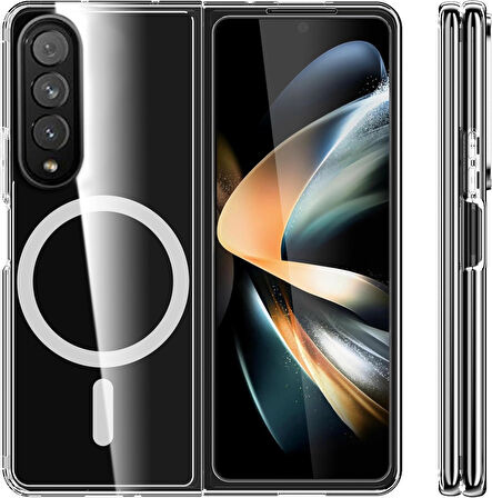 Samsung Galaxy Z Fold 4 Uyumlu Köşe Korumalı Darbe Emici Sert Sararmaz Şeffaf Magsafe Kılıf