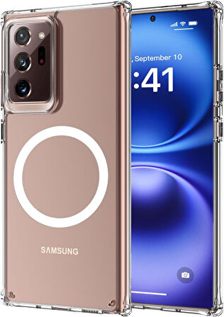 Samsung Galaxy Note 20 Ultra Uyumlu Köşe Korumalı Darbe Emici Sert Sararmaz Şeffaf Magsafe Kılıf