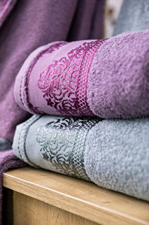 Favora Velora Deluxe %100 Pamuk Bornoz Seti - Mürdüm - Antrasit