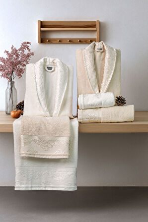 Favora Velora Deluxe %100 Pamuk Bornoz Seti - Bej - Krem