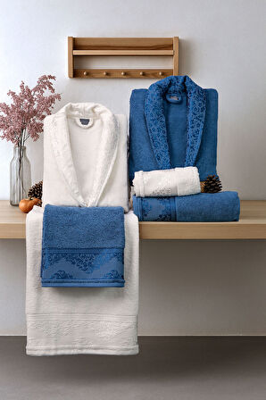 Favora Velora Deluxe %100 Pamuk Bornoz Seti - Krem - Lacivert