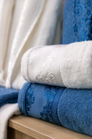 Favora Velora Deluxe %100 Pamuk Bornoz Seti - Krem - Lacivert