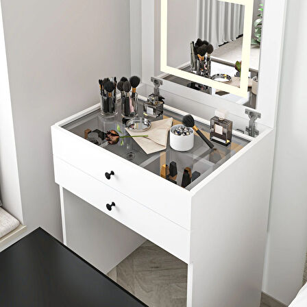 Luna Gizli Puflu Led Aynalı Makyaj Masası - Beyaz