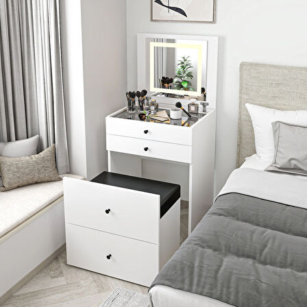 Luna Gizli Puflu Led Aynalı Makyaj Masası - Beyaz