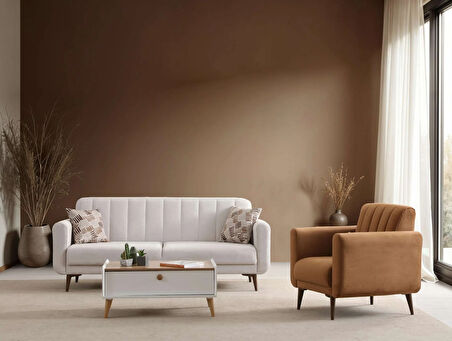 Bona 3+1 Berjer Koltuk Takımı Bej (Valebo-03-Valebo-016) Ceviz Ayak