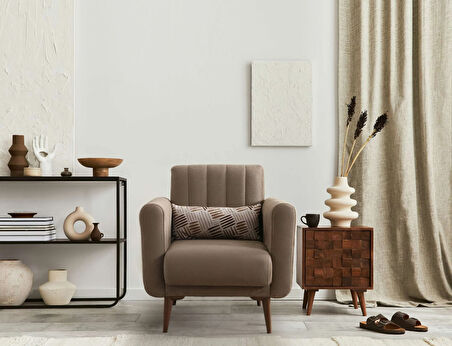 Bona 3+1 Berjer Koltuk Takımı Bej (Valebo-03-Valebo-06) Ceviz Ayak