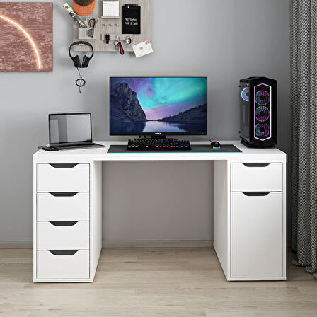 Alen 150 Cm 5 Çekmeceli Dolaplı Çalışma & Oyuncu Masası - Beyaz