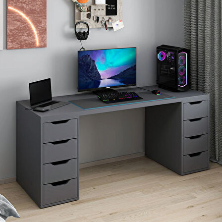 Alen 180 Cm 8 Çekmeceli Geniş Çalışma & Oyuncu Masası - Antrasit