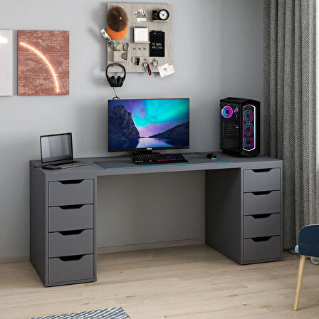 Alen 180 Cm 8 Çekmeceli Geniş Çalışma & Oyuncu Masası - Antrasit