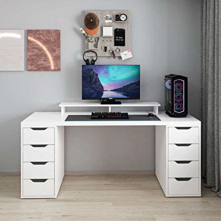 Alen 180 Cm 8 Çekmeceli Geniş Çalışma & Oyuncu Masası - Beyaz