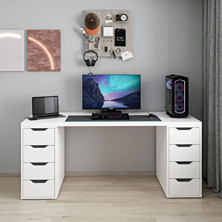 Alen 180 Cm 8 Çekmeceli Geniş Çalışma & Oyuncu Masası - Beyaz