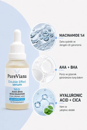 Double Effect Serum 30ML – AHA-BHA + Niacinamide + Hyaluronik Asit – Aydınlatıcı, Gözenek Sıkılaştırıcı, Ton Eşitleyici