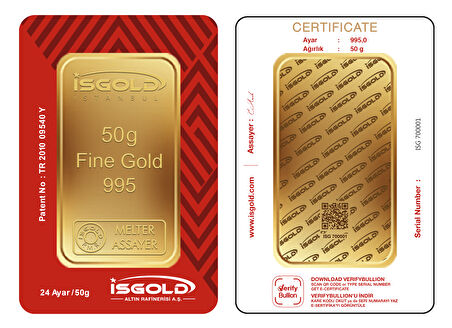 İsgold 50 Gram Altın 24 Ayar (0.995) Külçe Altın