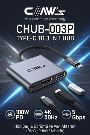 CHUB-003P Type-C 3 in 1 Hub Dönüştürücü - 100W PD Şarj + 4K HDMI + USB 3.0 5Gbps Adaptör