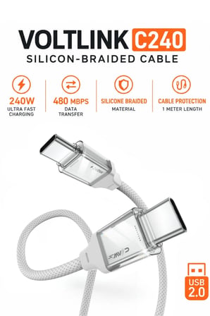 VOLTLINK C240 240W Type-C to Type-C Şarj ve Data Kablosu 1 Metre Silikon Örgülü 480Mbps USB 2.0