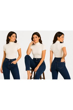 Body Yarım Balıkçı Yaka Kısa Kol Örme Kumaş Viskon Badi Tek Li Ekru Renk