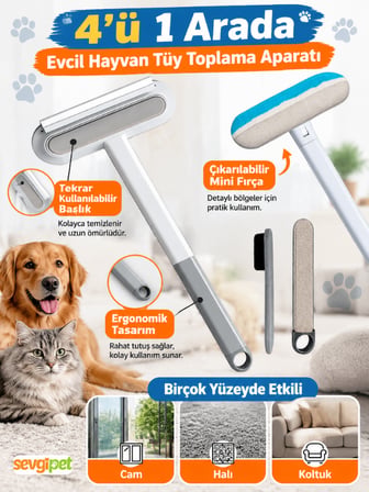 4 Fonksiyonlu Evcil Hayvan Tüy Toplama Aparatı (Kedi ve Köpek Tüy Temizleyici Halı, Koltuk ve Kumaş Fırçası)