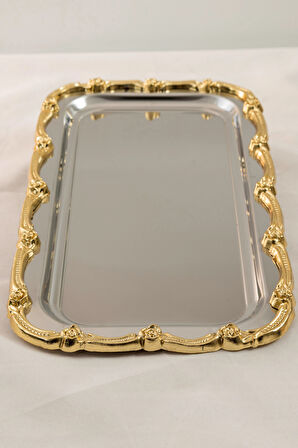 Gold Gül Desenli Paslanmaz Çelik Tepsi | 33x18 cm Lüks Sunum Tepsisi