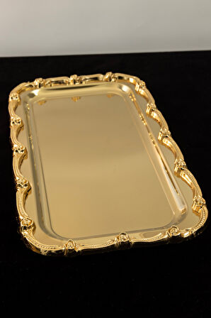 Gold Gül Detaylı Çerçeveli Sunum Tepsisi | 33x18 cm Paslanmaz Çelik Lüks Kahve Tepsisi