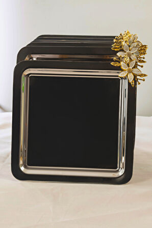 6'lı Kare Paslanmaz Çelik Tepsi Seti 21x21 cm – Gold Papatya Figürlü Kahve & Çay Sunum Tepsisi