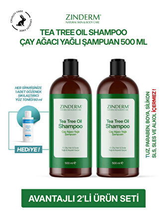 Zinderm Çay Ağacı Şampuanı - Arındırıcı ve Dengeleyici Tuzsuz Çay Ağacı Yağlı Şampuan (2 Adet x 500 ML)