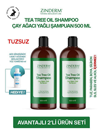 Zinderm Çay Ağacı Şampuanı - Arındırıcı ve Dengeleyici Tuzsuz Çay Ağacı Yağlı Şampuan (2 Adet x 500 ML)