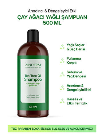 Zinderm Çay Ağacı Şampuanı - Arındırıcı ve Dengeleyici Tuzsuz Çay Ağacı Yağlı Şampuan (2 Adet x 500 ML)