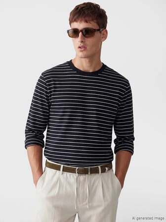 LCW Vision Lacivert Bisiklet Yaka Çizgili Erkek Sweatshirt