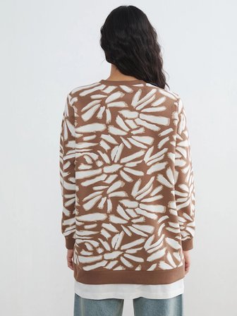 LCW Modest Kahverengi Bisiklet Yaka Desenli Kadın Sweatshirt Tunik
