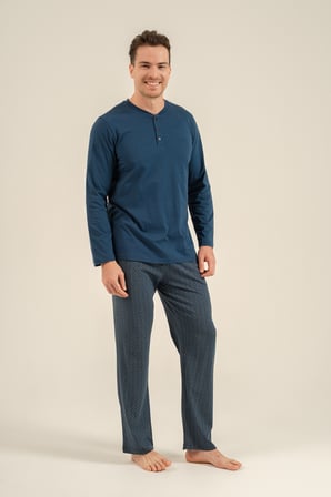 Erkek Koyu İndigo %100 Pamuklu Pijama Takım, Düğmeli Bisiklet Yakalı, Cep Detaylı