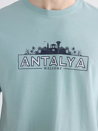 LCWAIKIKI Classic Mavi Bisiklet Yaka Antalya Baskılı Erkek Tişört