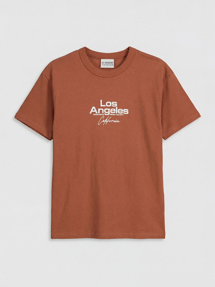 LCW Kids Kahverengi Los Angeles Baskılı Erkek Çocuk Tişört
