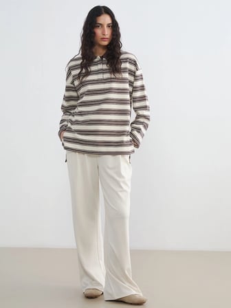 LCW Modest Ekru Polo Yaka Çizgili Kadın Sweatshirt Tunik