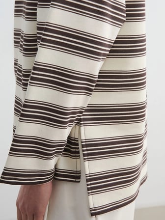 LCW Modest Ekru Polo Yaka Çizgili Kadın Sweatshirt Tunik