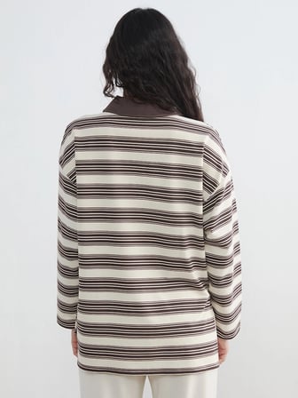 LCW Modest Ekru Polo Yaka Çizgili Kadın Sweatshirt Tunik