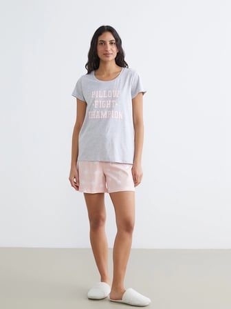 LCW DREAM Pembe Bisiklet Yaka Baskılı Kadın Şortlu Pijama Takımı