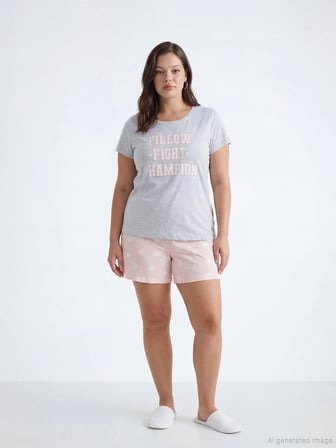 LCW DREAM Pembe Bisiklet Yaka Baskılı Kadın Şortlu Pijama Takımı