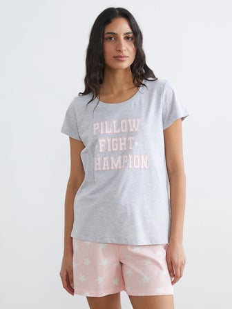 LCW DREAM Pembe Bisiklet Yaka Baskılı Kadın Şortlu Pijama Takımı