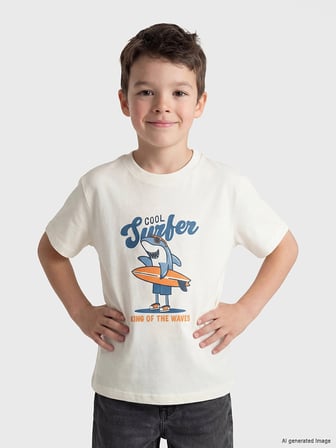 LCW Kids Bej Bisiklet Yaka Baskılı Erkek Çocuk Tişört