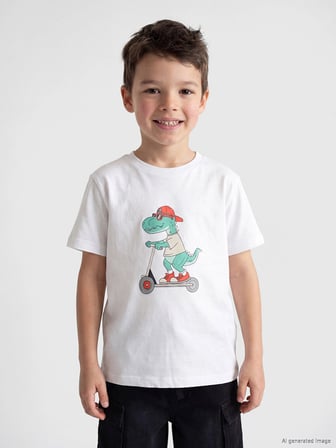 LCW Kids Beyaz Bisiklet Yaka Baskılı Erkek Çocuk Tişört