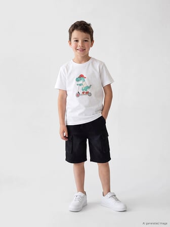 LCW Kids Beyaz Bisiklet Yaka Baskılı Erkek Çocuk Tişört