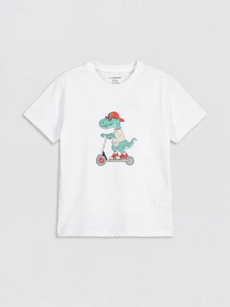 LCW Kids Beyaz Bisiklet Yaka Baskılı Erkek Çocuk Tişört