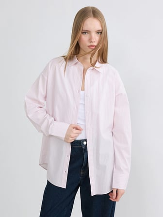 XSIDE Pembe Çizgili Oversize Poplin Kadın Gömlek