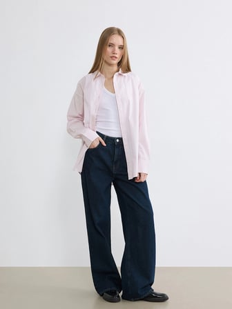 XSIDE Pembe Çizgili Oversize Poplin Kadın Gömlek