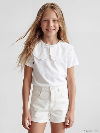LCW Kids Ekru Bebe Yaka Fiyonklu Kız Çocuk Tişört